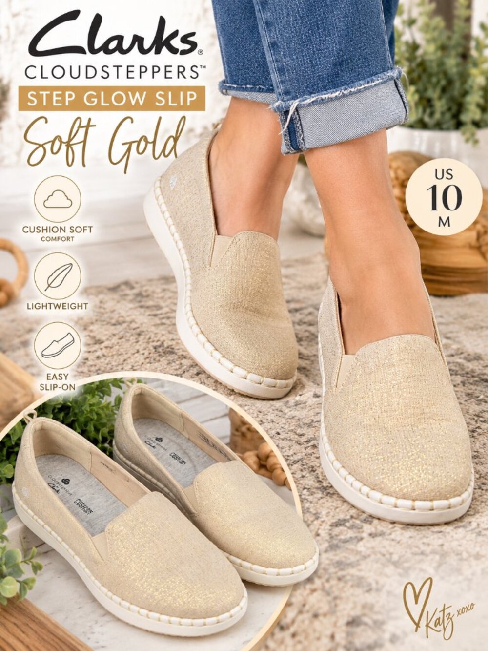 Clarks Cloudsteppers Step Glow Slip 10 Soft Gold Metallic Cushion Slip On Comfy